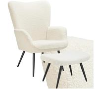 TecTake® Fauteuil Salon Confortable & Tabouret en Tissu bouclé Fauteuil Scandinave Moelleux avec Accoudoirs Chaise Ergonomique pour Salle à Manger, Chambre, Siege Bureau, Allaitement - Crème/Noir