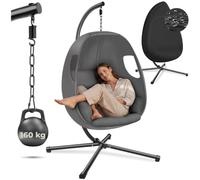 tectake® Fauteuil Suspendu avec Support 100x97x201 cm, Réglable en Hauteur | Intérieur et Extérieur, Pliable, Max. 160 kg, Pivotant à 360°, Housse de Protection incluse, Coussin épais, Gris Anthracite