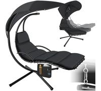 tectake® Fauteuil Suspendu, Pare-Soleil, Poche latérale, Acier, 160 kg | Assise chic, robuste et stable, ergonomique, Balancement sûr, Rembourrage lavable, Oreiller, 195 x 132 x 197 cm, noir