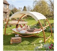 tectake® Hamac sur Pied XXL Hamac 2 Places Coton avec Toit & Support en Bois 328 x 160 x 171,5 cm, Supporte jusqu'à 250 kg, Couchage 202 x 138 cm, Coussins Inclus pour Terrasse Exterieur Piscine