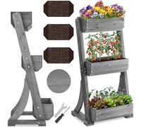 tectake® Jardinière Verticale, 60 x 49 x 140 cm, 3 Niveaux, Toile de paillage, Jardiniere Haute Potager surélevé Pots de Fleurs Plantes aromatiques Légumes, Balcon Terrasse, Gris