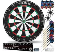 tectake® Jeu de fléchettes standard, Cible flechette en sisal, 9 fléchettes Pointe métal, 21 ailettes, 16 protège ailettes, Taille fléchette, Matériel de montage, Ligne de départ, Jeu de flechette Pro
