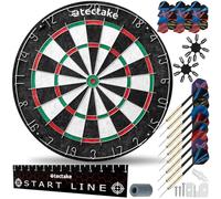 tectake® Jeu de fléchettes standard, Cible flechette en sisal, 9 fléchettes Pointe métal, 21 ailettes, 16 protège ailettes, Taille fléchette, Matériel de montage, Ligne de départ, Jeu de flechette Pro