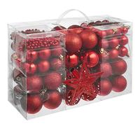 tectake® Kit décoration Sapin 86 pièces, Boules de Noël Rouges, Guirlande de Perles 5 m et Etoile, Boule de Noel Ø 3-4 et 6 cm, Mate, Brillante ou pailletée, Déco Sapin de Noel