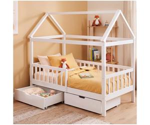 tectake® Lit Cabane Enfant à tiroirs, 80 x 160 cm, Barrière de sécurité | Dispositif Anti-chute, 2 tiroirs sur roulettes, Cadre en pin massif, Sommier à lattes coulissant, Garçon & Fille, Montessori