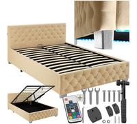 tectake® Lit capitonné pour matelas 140x200 2 personnes avec sommier en Bois, Cadre en Acier laqué époxy, Tête de lit, LED réglable & Coffre Rangement pour Chambre adulte, ado ou enfant Meuble chambre