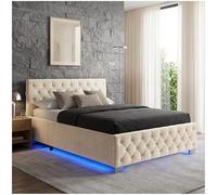 Lit - TECTAKE - Lit rembourré VENISE en bois à l'aspect velours avec bandes LED et espace de rangement 140 x 200 cm - Sable