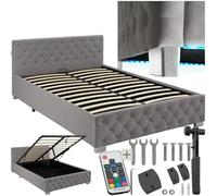 tectake® Lit capitonné pour matelas 140x200 2 personnes avec sommier en Bois, Cadre en Acier laqué époxy, Tête de lit, LED réglable & Coffre Rangement pour Chambre adulte, ado ou enfant Meuble chambre