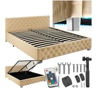 tectake® Lit capitonné pour matelas 180x200 2 personnes avec sommier en Bois, Cadre en Acier laqué époxy, Tête de lit, LED réglable & Coffre Rangement pour Chambre adulte, ado ou enfant Meuble chambre