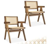 tectake® Lot de 2 Chaise de Salle à Manger Design en Chêne Bois massif & Cannage Chaise de table à manger avec Accoudoirs Chaise Confortable pour coiffeuse, chambre, cuisine, bureau, cabinet, dressing