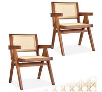 tectake® Lot de 2 Chaise de Salle à Manger Design en Chêne Bois massif & Cannage Chaise de table à manger avec Accoudoirs Chaise Confortable pour coiffeuse, chambre, cuisine, bureau, cabinet, dressing