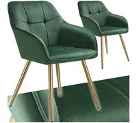Chaises - TECTAKE - Lot de 2 fauteuils de salle à manger MARYLIN aspect velours avec pieds en acier doré - Vert/Or