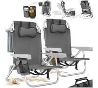 tectake® Lot de 2 Chaise pliante Chaise Plage Fauteuil Camping, Cadre en Aluminium inoxydable, Dossier réglable 5 positions avec Appuie-tête Porte gobelet Sac isotherme intégré Accessoire plage Voyage