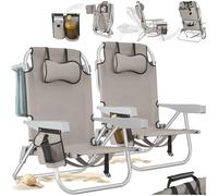 tectake® Lot de 2 Chaise pliante Chaise Plage Fauteuil Camping, Cadre en Aluminium inoxydable, Dossier réglable 5 positions avec Appuie-tête Porte gobelet Sac isotherme intégré Accessoire plage Voyage
