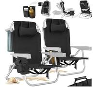 tectake® Lot de 2 Chaise pliante Chaise Plage Fauteuil Camping, Cadre en Aluminium inoxydable, Dossier réglable 5 positions avec Appuie-tête Porte gobelet Sac isotherme intégré Accessoire plage Voyage