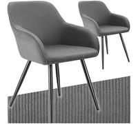 Chaises - TECTAKE - Lot de 2 fauteuils de salle à manger MARYLIN en velours côtelé avec pieds en acier noir - Gris/Noir