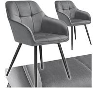 Chaises - TECTAKE - Lot de 2 fauteuils de salle à manger MARYLIN aspect velours et matelassé avec pieds en acier noir - Gris/Noir
