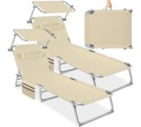 tectake® Lot de 2 chaises Longues 190x68x111cm Pliable Réglable sur 4 Positions Résistante aux intempéries Respirante avec Pare-Soleil & Appui-tête Poignée de Transport Jardin Camping - Beige