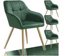Chaise - TECTAKE - Lot de 4 chaises MARYLIN effet velours capitonné rembourrée et pieds acier doré, 58 x 62 x 82 cm - Vert/Or