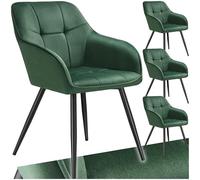 Chaises - TECTAKE - Lot de 4 fauteuils de salle à manger MARYLIN aspect velours et matelassé pieds en acier noir - Vert Foncé/Noir