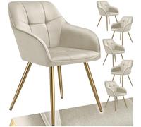 Chaises - TECTAKE - Lot de 6 fauteuils de salle à manger MARYLIN aspect velours avec pieds en acier doré - Crème/Or