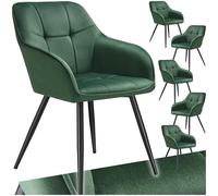Chaises - TECTAKE - Lot de 6 fauteuils de salle à manger MARYLIN aspect velours et matelassé pieds en acier noir - Vert Foncé/Noir