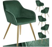 TecTake® Lot de 6 Chaises de Salle à Manger Rembourrées Modernes - Fauteuil Salon Velours Scandinave - Pieds en Acier Doré Élégant Avec Accoudoirs - Pour Coiffeuse, Chambre