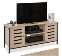 TecTake® Meuble TV 110 x 41,5 x 50,5 cm, Meuble Salon pour Television, 2 Compartiments Ouverts et 2 fermés par Porte, 4 encoches Pratiques, Etagere télévision, Banc TV Salon, Chambre, Bois Clair
