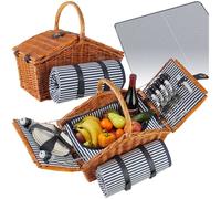 tectake® Panier en osier avec couvercle pique nique Set complet 4 pers. avec Nappe Assiettes Couverts Tire bouchon Verres à vin incassables Sac isotherme salière et poivrière pour Jardin camping plage