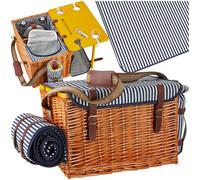 tectake® Panier en Osier avec Couvercle Pique Nique Set Complet 4 pers. avec Table Pliable Nappe Assiettes Couverts Tire Bouchon Verres à vin incassables Sac Isotherme pour Jardin Camping Plage