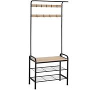 TecTake® Porte manteau avec 2 Étagères, Banc, 9 patère accroche-sacs, Meuble de rangement chaussure Design industriel 73,5x36x184cm Vestiaire d'entrée Meuble couloir - Bois clair Chêne Sonoma