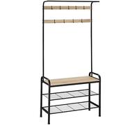 TecTake® Porte manteau avec 2 Étagères, Banc, 9 patère accroche-sacs, Meuble de rangement chaussure Design industriel 85,5x36x184cm Vestiaire d'entrée Meuble couloir - Bois clair Chêne Sonoma