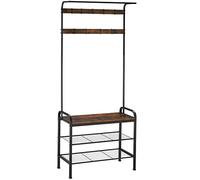 TecTake® Porte manteau avec 2 Étagères, Banc, 9 patère accroche-sacs, Meuble de rangement chaussure Design industriel 73,5x36x184cm Vestiaire d'entrée Meuble couloir - Bois foncé industriel rustique