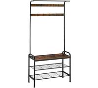 tectake® Porte manteau avec 2 Étagères, Banc, 9 patère accroche-sacs, Meuble de rangement chaussure Design industriel 85,5x36x184cm Vestiaire d'entrée Meuble couloir - Bois foncé industriel rustique