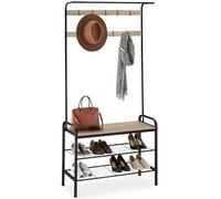 TecTake® Porte manteau avec 2 Étagères, Banc, 9 patère accroche-sacs, Meuble de rangement chaussure Design industriel 73,5x36x184cm Vestiaire d'entrée Meuble couloir - Bois clair Chêne Sonoma