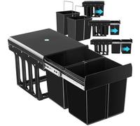 tectake® Poubelle de tri encastrable 30 L, Rails télescopiques coulissants | 2 compartiments de 15L, Plastique robuste, 35x48x35 cm, pour placards de min. 40 cm de largeur, sous Évier, Bac de Tri, noir