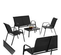 tectake® Salon de Jardin 4 Places, Table Basse, Banc, 2 Chaises, Textilène | Tissu Textilène Respirant et Déperlant, Structure en acier laqué, Plateau en verre teinté, Embouts antidérapants, Noir