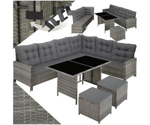 tectake® Salon de Jardin en Poly Rotin Modulable 1 Canapé de Jardin Exterieur d’Angle 1 Table Jardin 2 Tabouret Pouf Mobilier pour Amenagement Balcon et Terrasse - Gris Tacheté/Gris