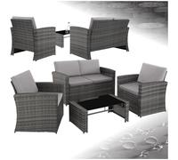 TecTake Salon de Jardin en Résine Tressée 4 Personnes, 1 Canapé, 2 Fauteuils, 1 Table avec Plateau en Verre, Coussins d’Assise et de Dossier Inclus (Gris/Gris Clair) Regular