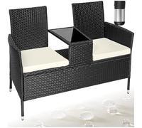 tectake Salon de Jardin en résine tressée canapé Banc avec Table intégrée avec Verre de sécurité + Coussins - diverses Couleurs au Choix - (Noir Beige | No. 404557)