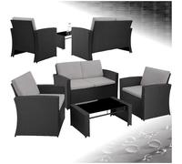 Salon de jardin - TECTAKE - Canapé de jardin lounge JESOLO 4 places en rotin robuste avec plateau en verre - Noir/Gris