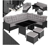 TecTake Salon de Jardin en Rotin Modulable - Canapé d'Angle Extérieur, Table, 2 Tabourets Pouf - Mobilier pour Aménagement Balcon et Terrasse - Noir