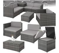 TecTake® Salon de Jardin Exterieur 5 Places en Resine Tressee Modulable 5 Fauteuil Jardin Coffre de Rangement et Table en Verre Inclus pour Amenagement Balcon Terrasse - Gris
