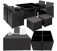 tectake® Salon de Jardin Extérieur 8 Places - 4 Chaises Confortables, 4 Tabourets, Table en Poly Rotin, Structure en Aluminium - Mobilier pour Aménagement Balcon Terrasse - Noir