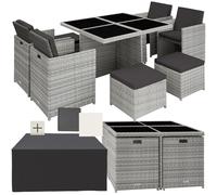 tectake® Salon de Jardin Extérieur 8 Places - 4 Chaises Confortables, 4 Tabourets, Table en Poly Rotin, Structure en Aluminium - Mobilier pour Aménagement Balcon Terrasse - Gris Clair