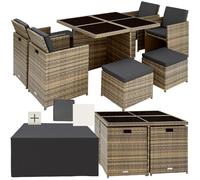 tectake® Salon de Jardin Extérieur 8 Places - 4 Chaises Confortables, 4 Tabourets, Table en Poly Rotin, Structure en Aluminium - Mobilier pour Aménagement Balcon Terrasse - Marron Naturel