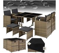 Tectake® Salon de Jardin Extérieur en Poly Rotin - Table, 4 Chaises Confortables, 4 Tabourets, Housse de Protection - Mobilier pour Aménagement Balcon Terrasse - Marron Naturel