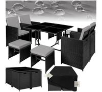 TecTake® Salon de Jardin Exterieur en Poly Rotin Table de Jardin, 4 Chaise Confortable, 4 Tabouret de Jardin, Housse de Protection, Mobilier de Jardin pour Amenagement Balcon Terrasse - Noir/Gris