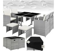 tectake® Salon de Jardin Extérieur en Poly Rotin - Table, 4 Chaises Confortables, 4 Tabourets, Housse de Protection - Mobilier pour Aménagement Balcon Terrasse - Gris Clair