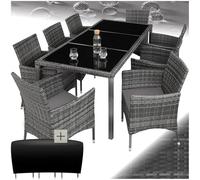 TecTake® Salon de Jardin Exterieur en Poly Rotin Table de Jardin, 8 Fauteuil Jardin Chaise Confortable, Housse de Protection, Mobilier de Jardin pour Amenagement Balcon Terrasse - Gris tacheté/Gris